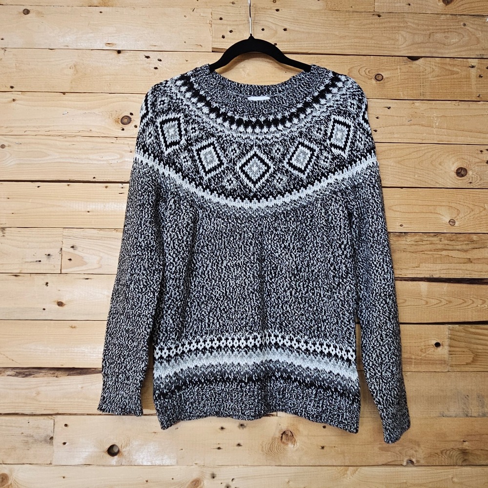 Old Navy Womens Fair Isle Sweater Charcoal Heather Metallic Knit Pullover M